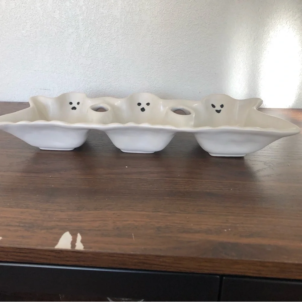 Pottery Barn Figural Ghost Stoneware Triple Condiment Server